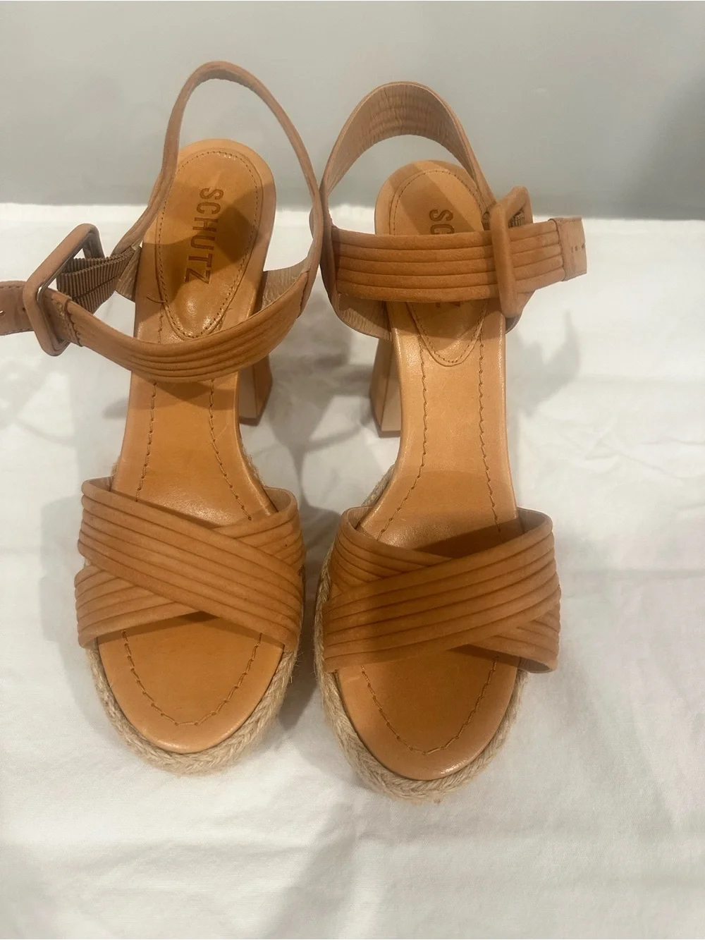 SCHUTZ Tan Leather Espadrille Platform Sandals